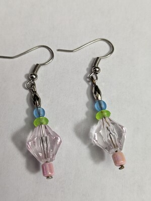 Pink and green dangle earrings with blue accent on fish hook ear wire - image1